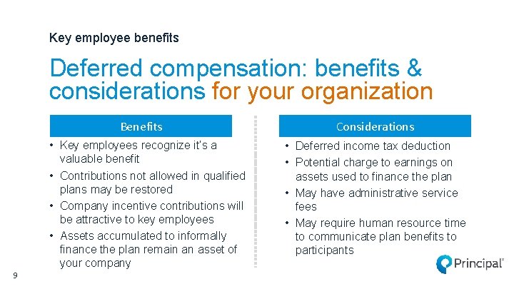 Key employee benefits Deferred compensation: benefits & considerations for your organization Benefits • Key