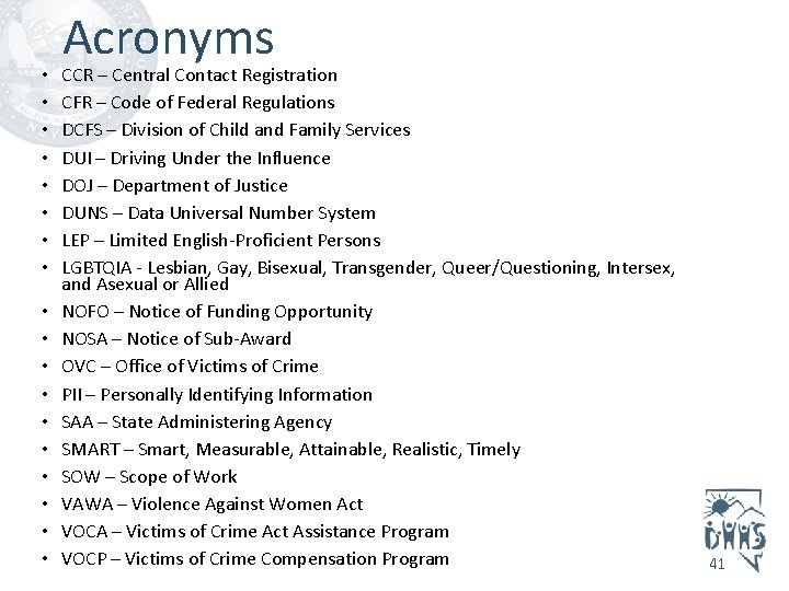 • • • • • Acronyms CCR – Central Contact Registration CFR –