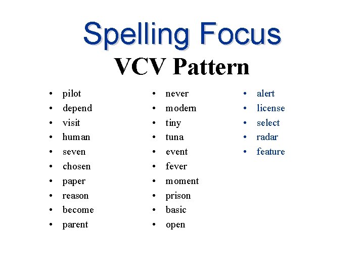 Spelling Focus VCV Pattern • • • pilot depend visit human seven chosen paper