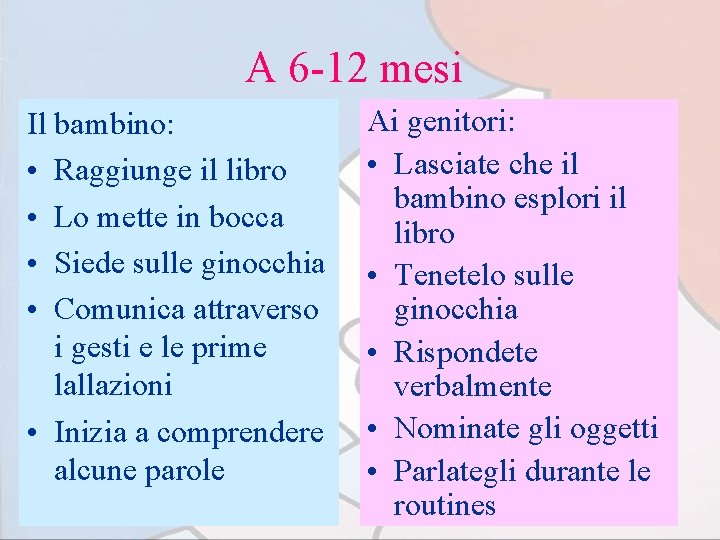 A 6 -12 mesi Il bambino: • Raggiunge il libro • Lo mette in
