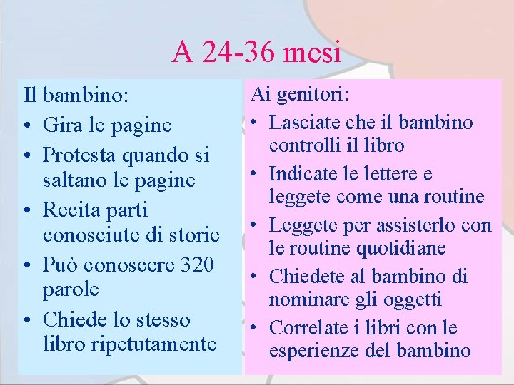 A 24 -36 mesi Il bambino: • Gira le pagine • Protesta quando si