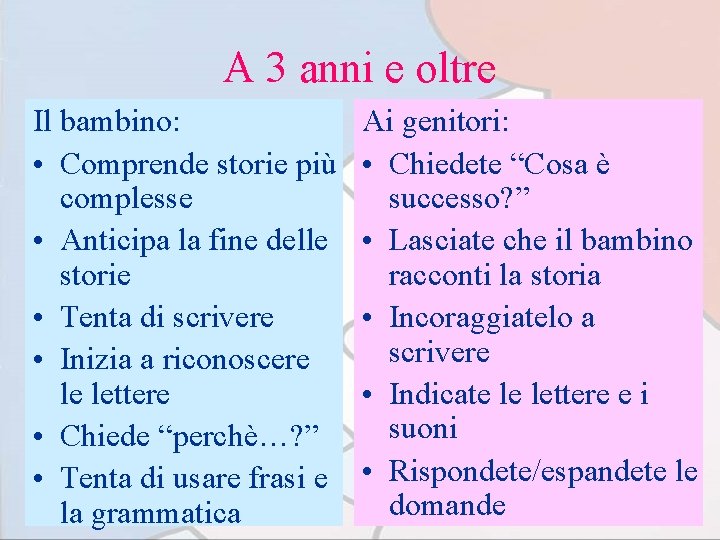 A 3 anni e oltre Il bambino: • Comprende storie più complesse • Anticipa