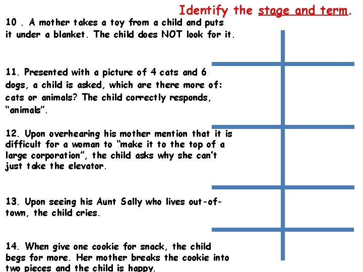 Identify the stage and term. 10. A mother takes a toy from a child