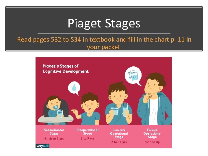 Piaget Stages Read pages 532 to 534 in textbook and fill in the chart