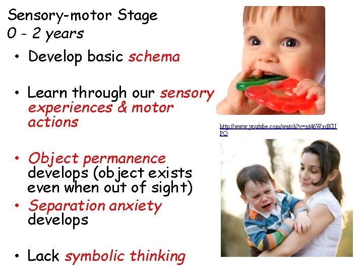 Sensory-motor Stage 0 - 2 years • Develop basic schema • Learn through our