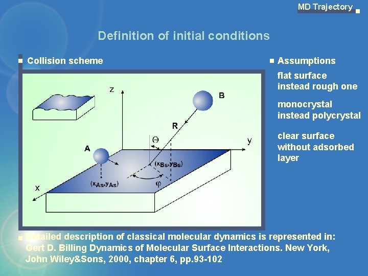 MD Trajectory Definition of initial conditions Collision scheme Assumptions flat surface instead rough one