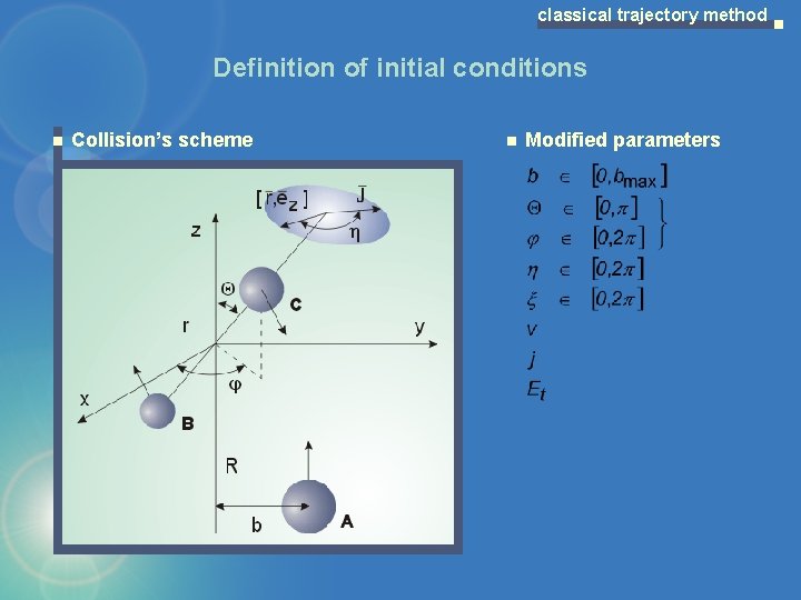 classical trajectory method Definition of initial conditions Collision’s scheme Modified parameters 