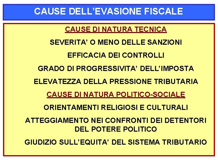 CAUSE DELL’EVASIONE FISCALE CAUSE DI NATURA TECNICA SEVERITA’ O MENO DELLE SANZIONI EFFICACIA DEI