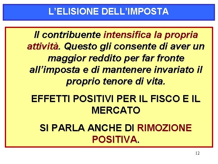 L’ELISIONE DELL’IMPOSTA Il contribuente intensifica la propria attività. Questo gli consente di aver un