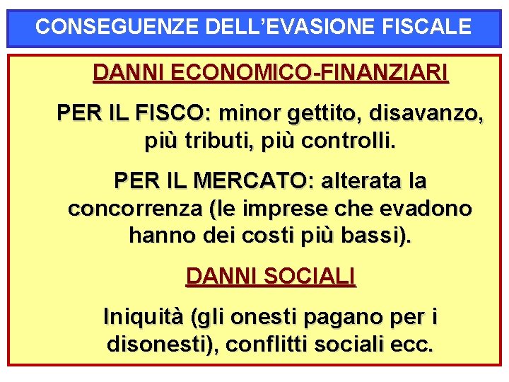 CONSEGUENZE DELL’EVASIONE FISCALE DANNI ECONOMICO-FINANZIARI PER IL FISCO: minor gettito, disavanzo, più tributi, più