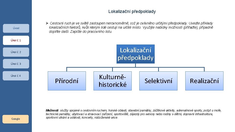 Lokalizační předpoklady Úvod Cestovní ruch je ve světě zastoupen nerovnoměrně, což je ovlivněno určitými