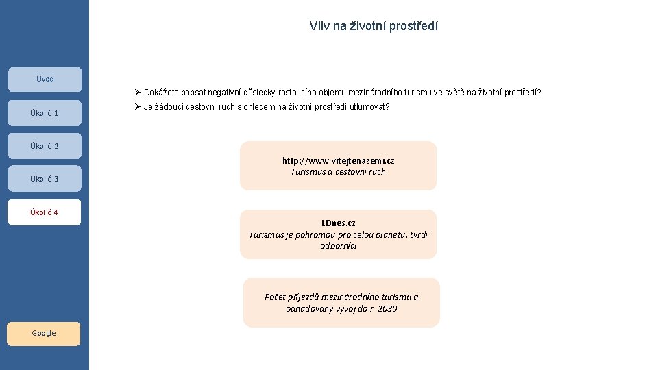 Vliv na životní prostředí Úvod Dokážete popsat negativní důsledky rostoucího objemu mezinárodního turismu ve