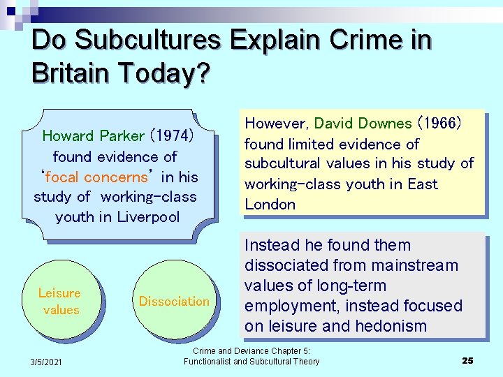 Do Subcultures Explain Crime in Britain Today? Howard Parker (1974) found evidence of ‘focal
