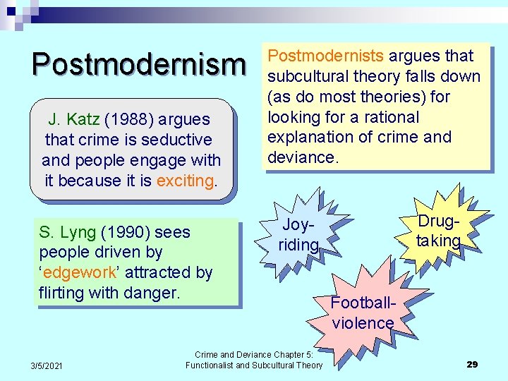 Postmodernism J. Katz (1988) argues that crime is seductive and people engage with it