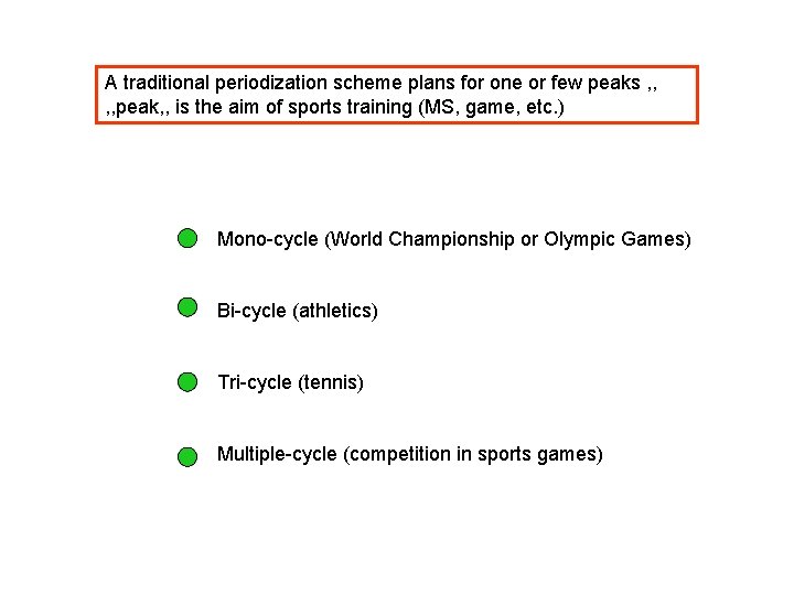 A traditional periodization scheme plans for one or few peaks , , peak, ,