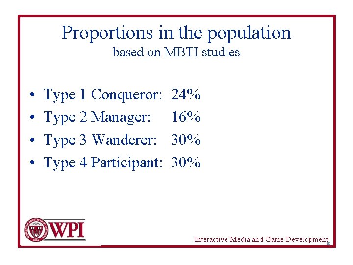 Proportions in the population based on MBTI studies • • Type 1 Conqueror: Type