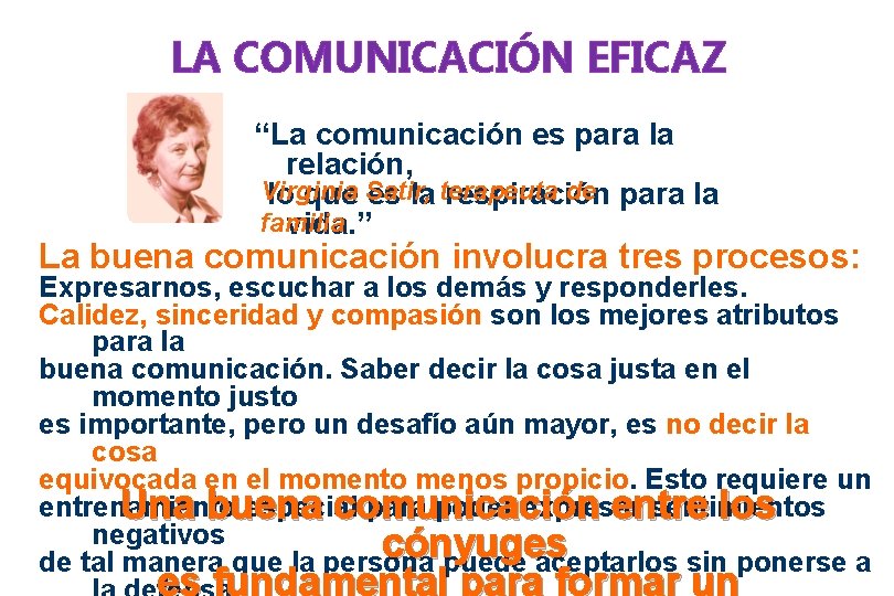 LA COMUNICACIÓN EFICAZ “La comunicación es para la relación, Virginia Satir, terapeuta de lo