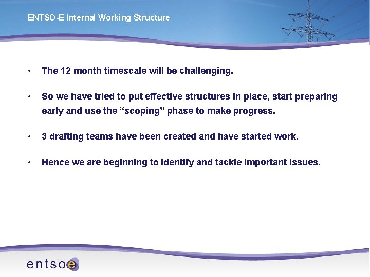 ENTSO-E Internal Working Structure • The 12 month timescale will be challenging. • So