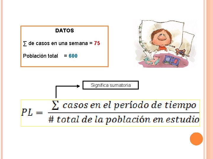 DATOS ∑ de casos en una semana = 75 Población total = 600 Significa