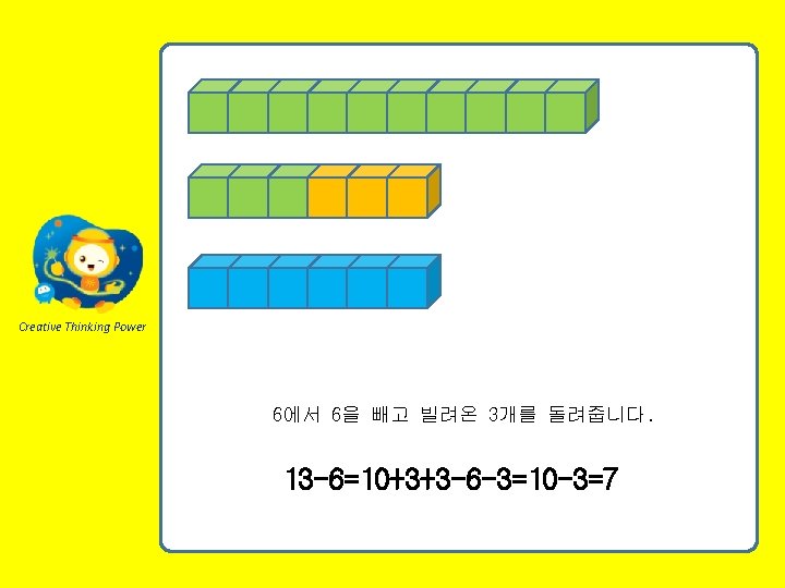 Creative Thinking Power 6에서 6을 빼고 빌려온 3개를 돌려줍니다. 13 -6=10+3+3 -6 -3=10 -3=7