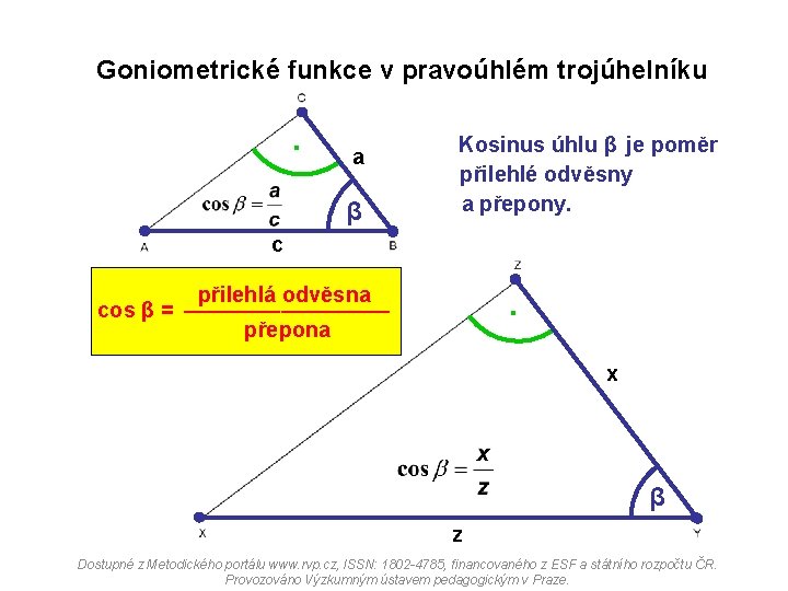 Goniometrické funkce v pravoúhlém trojúhelníku . a β Kosinus úhlu β je poměr přilehlé