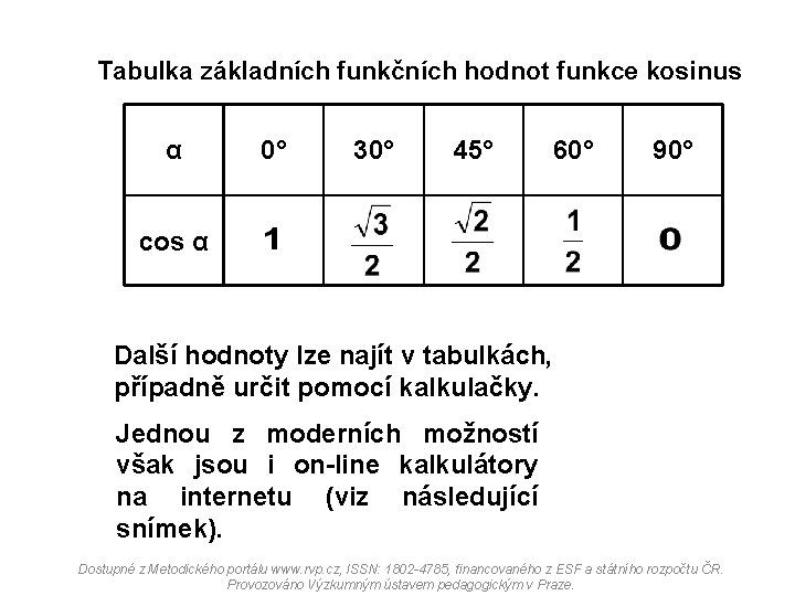 Tabulka základních funkčních hodnot funkce kosinus α 0° 30° 45° 60° 90° cos α