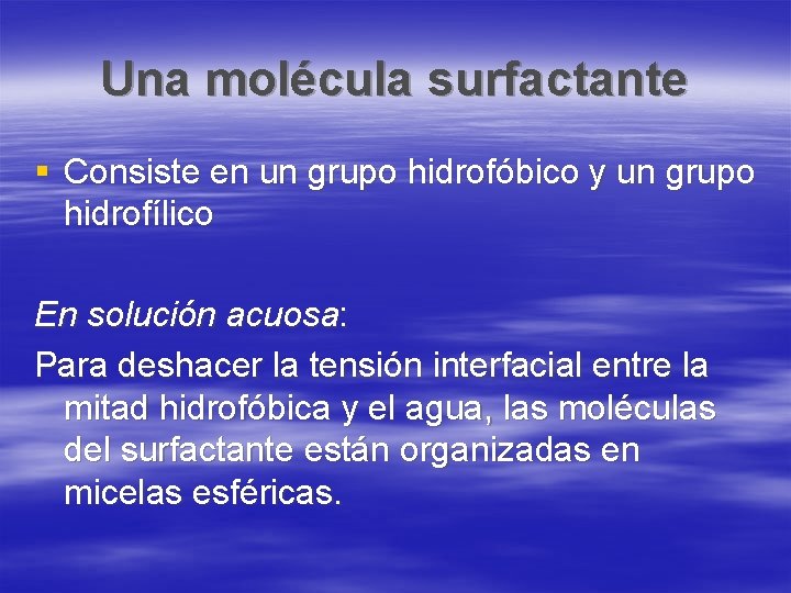 Una molécula surfactante § Consiste en un grupo hidrofóbico y un grupo hidrofílico En