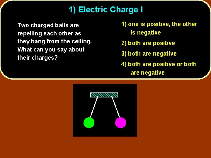 1) Electric Charge I Two charged balls are repelling each other as they hang
