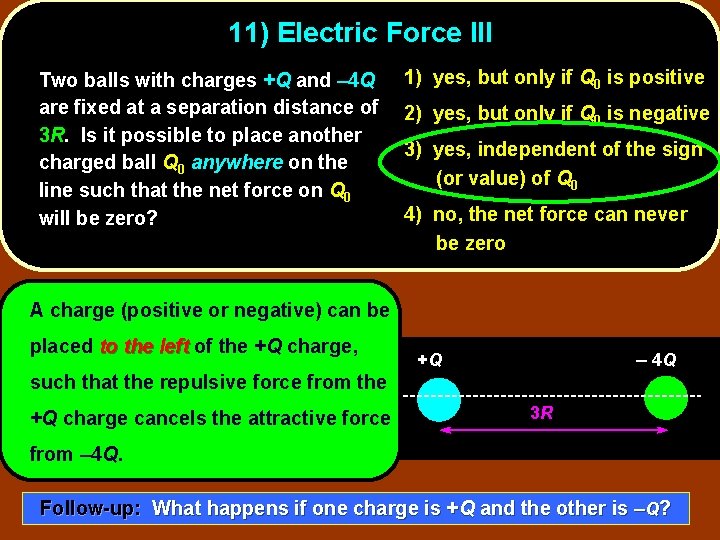 11) Electric Force III Two balls with charges +Q and – 4 Q are