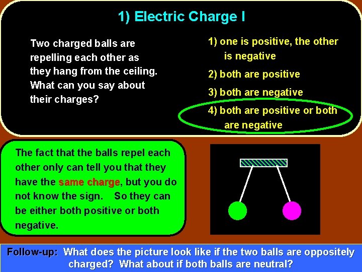1) Electric Charge I Two charged balls are repelling each other as they hang