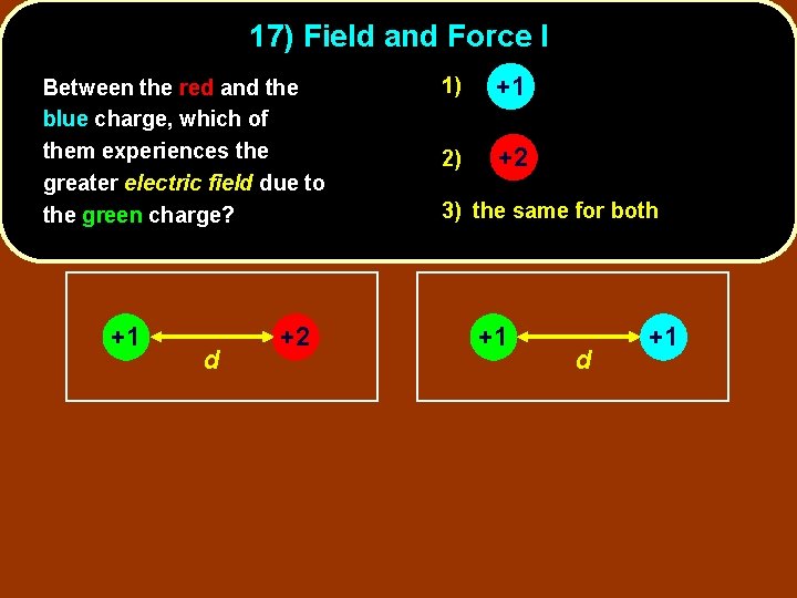 17) Field and Force I Between the red and the blue charge, which of
