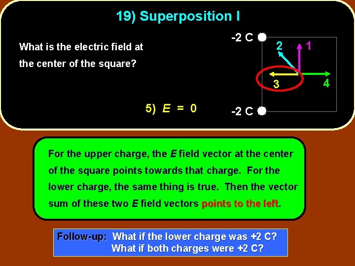 19) Superposition I -2 C What is the electric field at 2 1 the