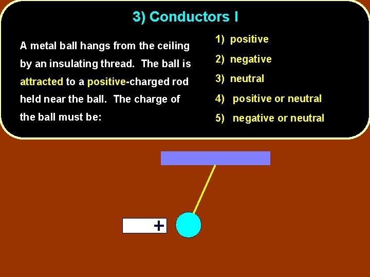 3) Conductors I A metal ball hangs from the ceiling 1) positive by an