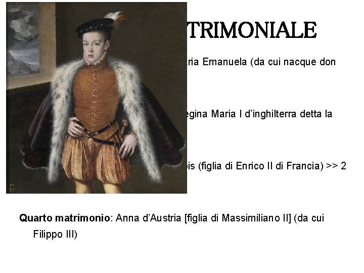 POLITICA MATRIMONIALE Primo matrimonio: con la cugina Maria Emanuela (da cui nacque don Carlos)