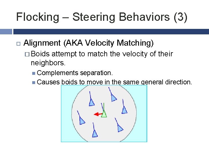 Flocking – Steering Behaviors (3) Alignment (AKA Velocity Matching) � Boids attempt to match