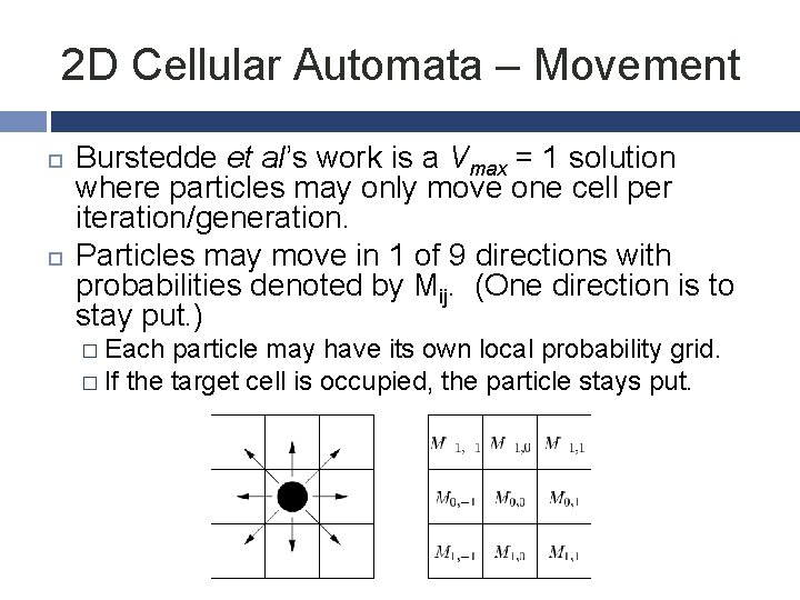 2 D Cellular Automata – Movement Burstedde et al’s work is a Vmax =