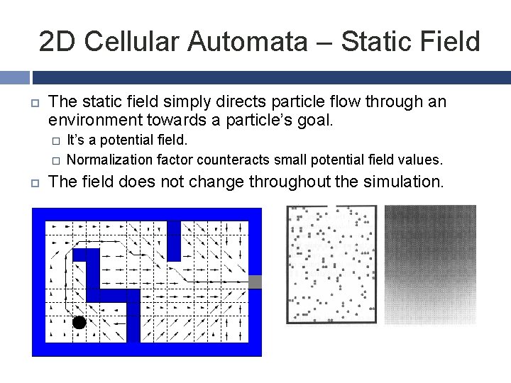 2 D Cellular Automata – Static Field The static field simply directs particle flow