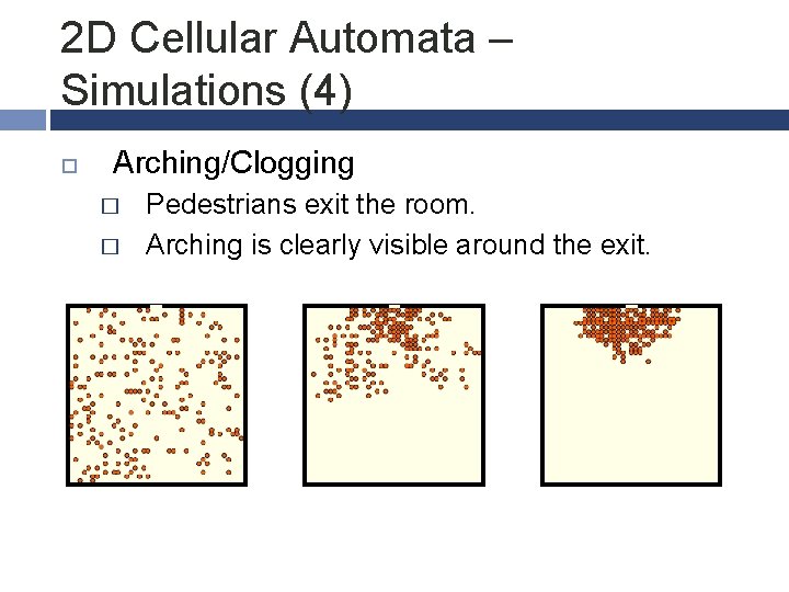 2 D Cellular Automata – Simulations (4) Arching/Clogging � � Pedestrians exit the room.