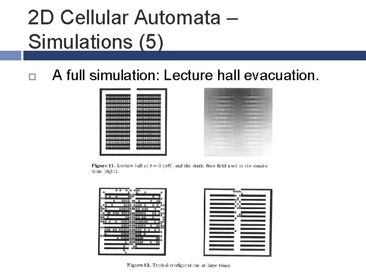 2 D Cellular Automata – Simulations (5) A full simulation: Lecture hall evacuation. 