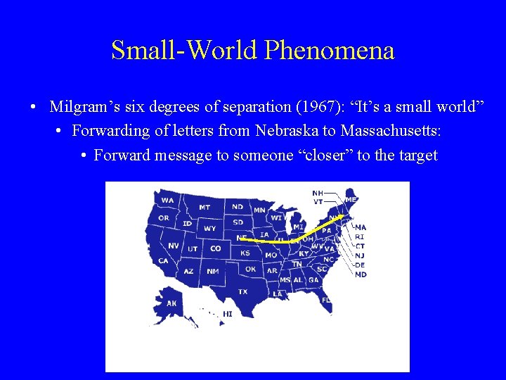 Small-World Phenomena • Milgram’s six degrees of separation (1967): “It’s a small world” • Small-World Phenomena • Milgram’s six degrees of separation (1967): “It’s a small world” •