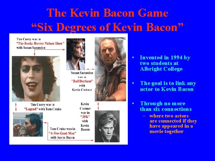 The Kevin Bacon Game “Six Degrees of Kevin Bacon” • Invented in 1994 by The Kevin Bacon Game “Six Degrees of Kevin Bacon” • Invented in 1994 by