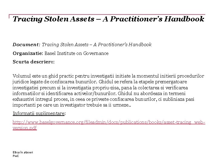 Tracing Stolen Assets – A Practitioner’s Handbook Document: Tracing Stolen Assets – A Practitioner’s