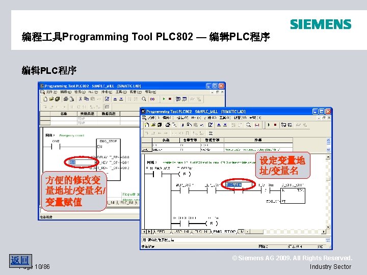 编程 具Programming Tool PLC 802 — 编辑PLC程序 添加PLC指令 设定变量地 址/变量名 方便的修改变 量地址/变量名/ 变量赋值 返回
