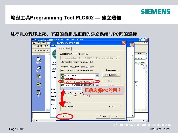 编程 具Programming Tool PLC 802 — 建立通信 进行PLC程序上载、下载的前提是正确的建立系统与PC间的连接 正确选择PC的网卡 Page 13/86 © Siemens AG