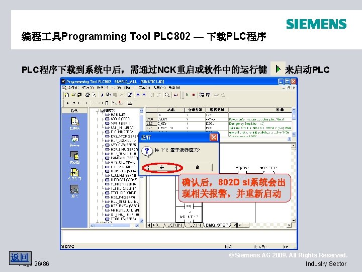 编程 具Programming Tool PLC 802 — 下载PLC程序下载到系统中后，需通过NCK重启或软件中的运行键 来启动PLC 确认后，802 D sl系统会出 现相关报警，并重新启动 返回 Page
