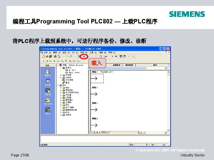 编程 具Programming Tool PLC 802 — 上载PLC程序 将PLC程序上载到系统中，可进行程序备份、修改、诊断 载入 Page 27/86 © Siemens AG