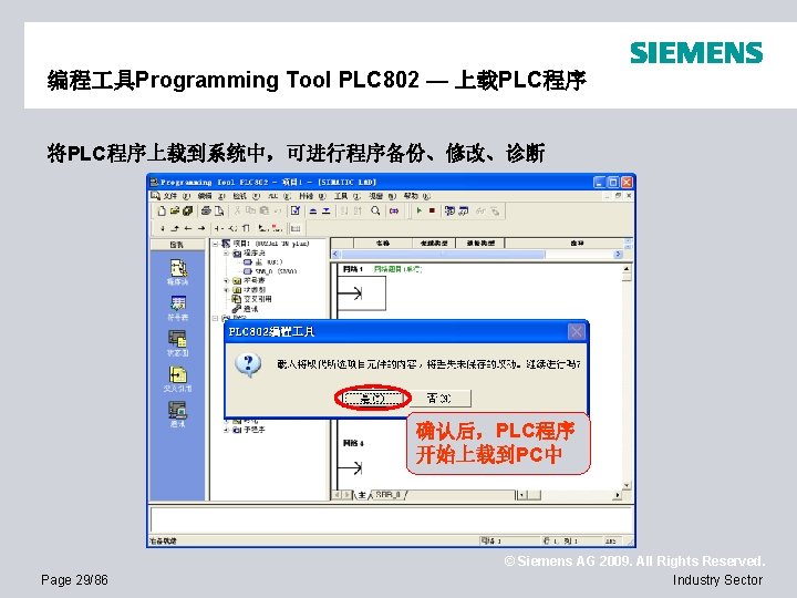 编程 具Programming Tool PLC 802 — 上载PLC程序 将PLC程序上载到系统中，可进行程序备份、修改、诊断 确认后，PLC程序 开始上载到PC中 Page 29/86 © Siemens