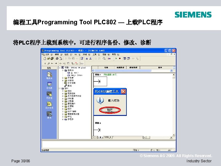 编程 具Programming Tool PLC 802 — 上载PLC程序 将PLC程序上载到系统中，可进行程序备份、修改、诊断 Page 30/86 © Siemens AG 2009.