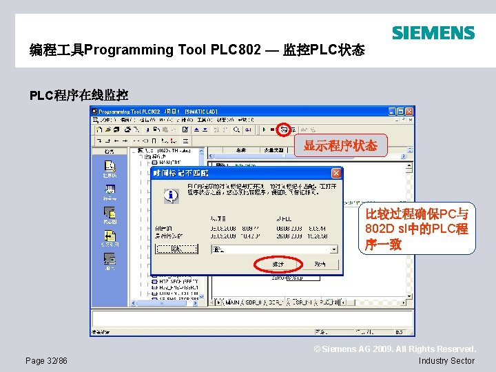 编程 具Programming Tool PLC 802 — 监控PLC状态 PLC程序在线监控 显示程序状态 比较过程确保PC与 802 D sl中的PLC程 序一致