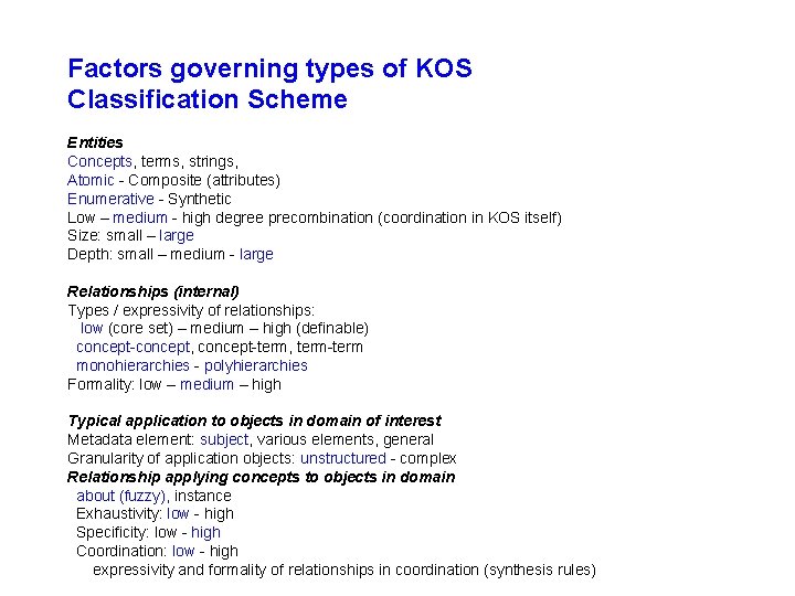 Factors governing types of KOS Classification Scheme Entities Concepts, terms, strings, Atomic - Composite